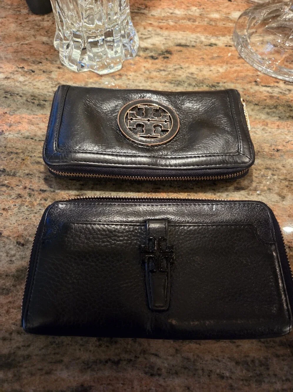 Two Tory Burch Black Leather Zip Wallets